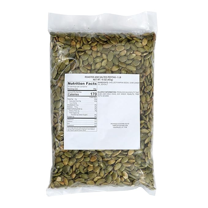 Pumpkin Seeds Roasted and Salted, 1 Pound Bag, Pepitas No Shell, 16 Ounce Bulk Bag