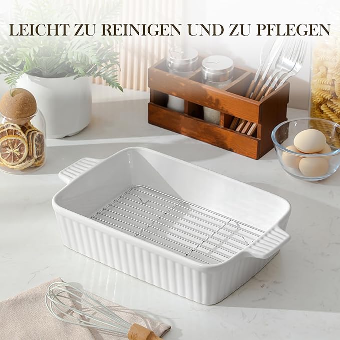 MALACASA 4.4 QT Baking Dish with Rack, 9x13 Large Casserole Dish for Oven, Ceramic Baking Pan with