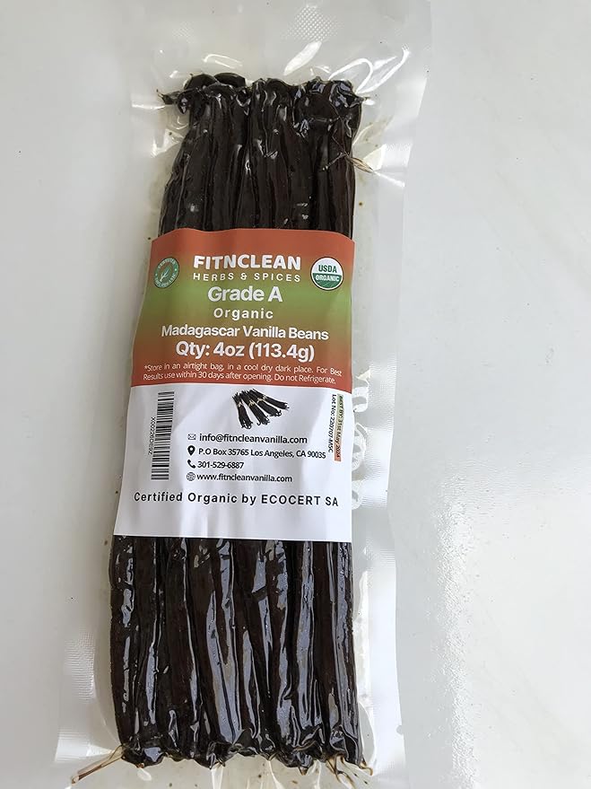 4oz Organic Madagascar Vanilla Beans Grade A. Certified USDA Organic. 6"-8" by FITNCLEAN VANILLA.