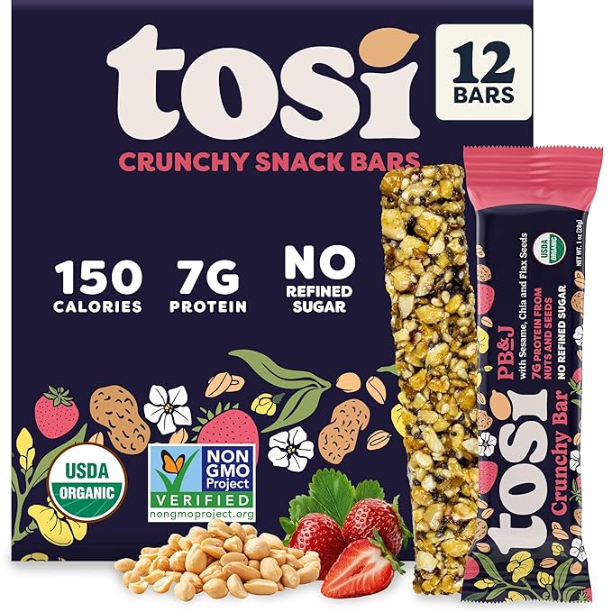 Tosi Peanut Butter & Jelly Protein Bars, Plant Based with Nuts, Gluten-Free Crunchy Snacks, Vegan