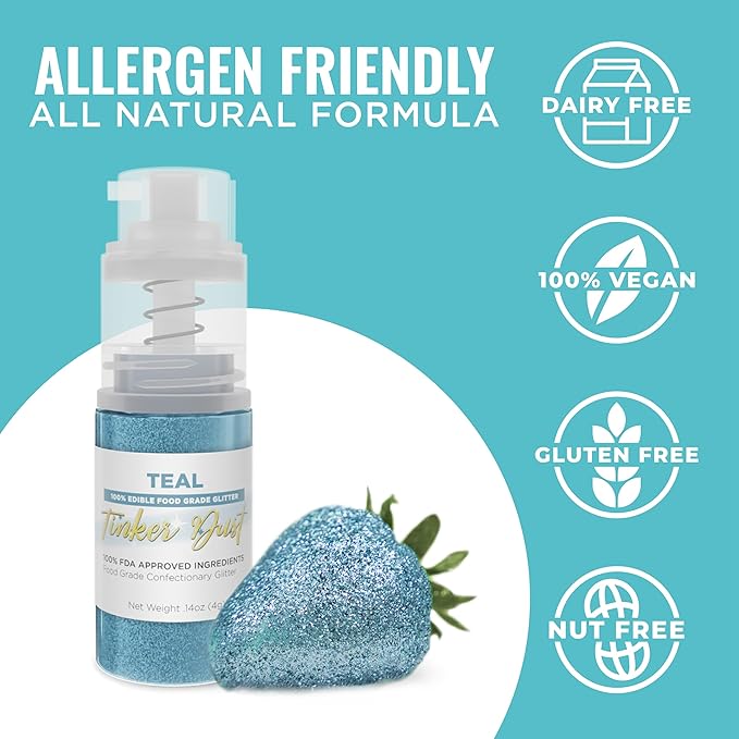 Bakell - Teal Tinker Dust (4g, 1x Mini Spray Pump) Edible Glitter for Food, Desserts, and Beverages!