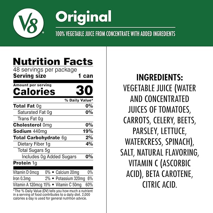 V8 Original 100% Vegetable Juice, 5.5 fl oz Can (48 Pack)