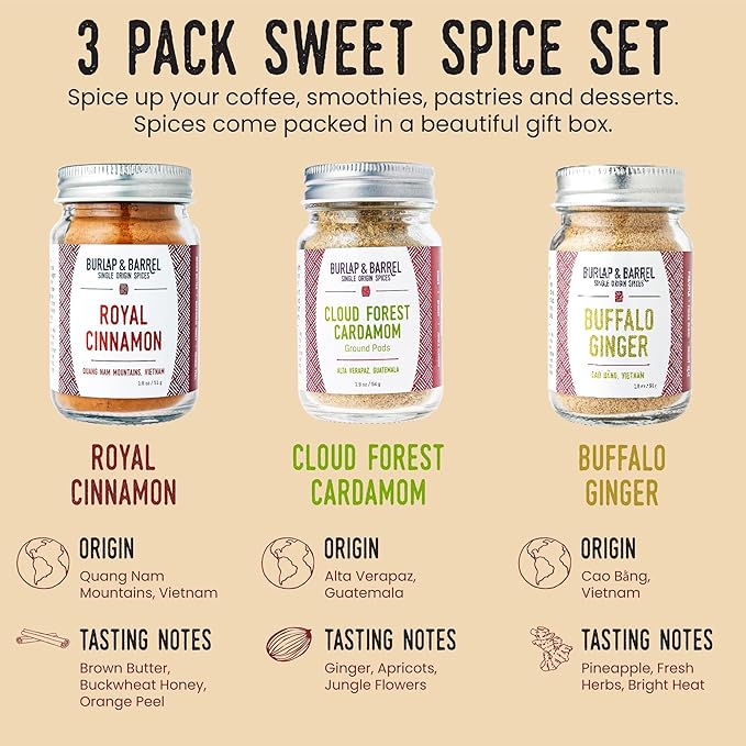 Burlap & Barrel 3pk Sweet Spice Set - 3 Full Size Jars including Royal Cinnamon, Cloud Forest