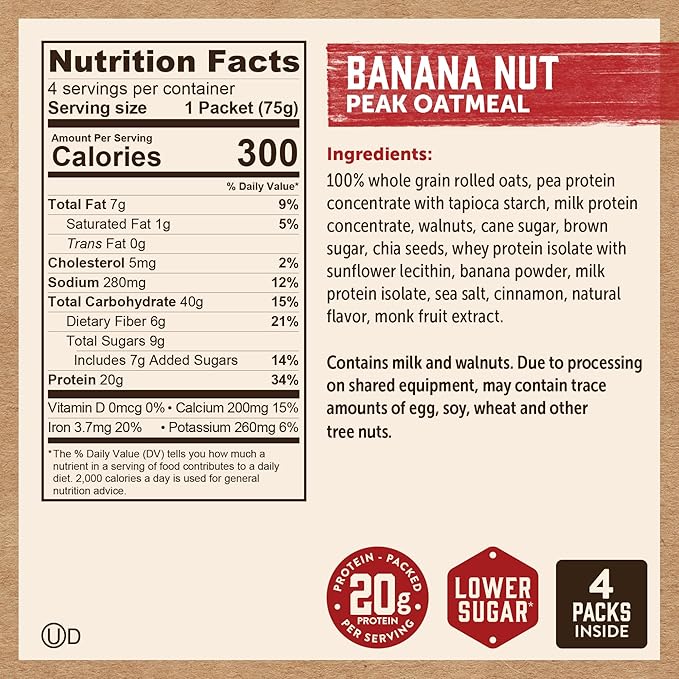 Kodiak Cakes Peak Instant Oatmeal Packets, Banana Nut, High Protein,100% Whole Grains, 6 box with 4