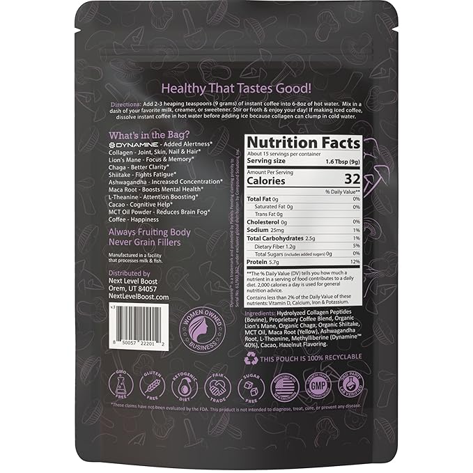 Focus Boost Organic Mushroom Instant Coffee - 135g, 15 Servings Pouch - Healthy Coffee alternative