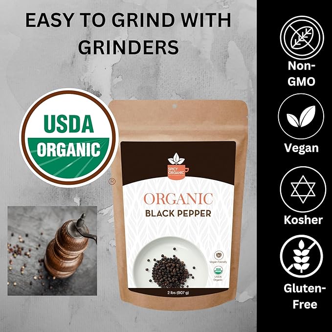 SPICY ORGANIC Whole Black Pepper - 3 lb. - Fresh and Aromatic Peppercorns, Perfect for Grinder