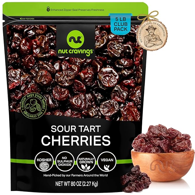 NUT CRAVINGS - Sun Dried Sour Tart Cherries, Lightly Sweetened, Unsulphured (80oz, 5 LB) Bulk Dry