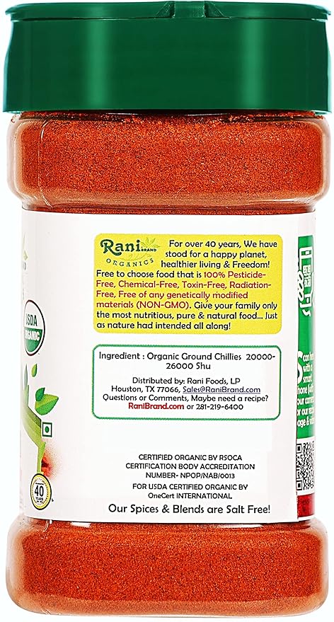Rani Organic Chilli Powder (Mirchi Ground) 3oz (85g) PET Jar ~ All Natural | Vegan | Gluten