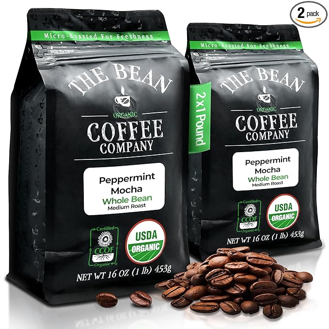 The Bean Organic Coffee Company Peppermint Mocha, Medium Roast, Whole Bean Coffee, 16-Ounce Bags