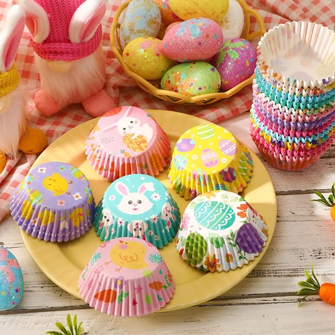 SANNIX 450pcs Easter Cupcake Liners, Bunny Chick Egg Flower Baking Cups Cupcake Wrappers Paper