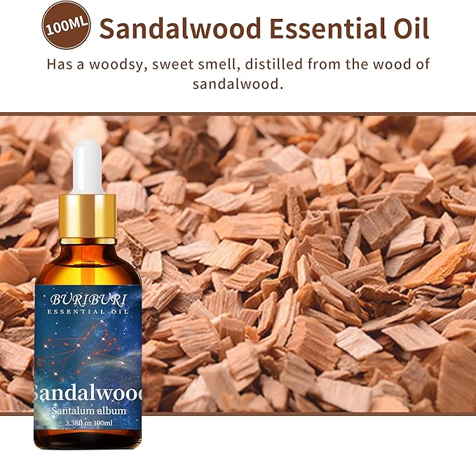 BURIBURI 100ML Sandalwood Essential Oil, 100% Pure Undiluted Aromatherapy Sandalwood Oil 3.38fl.oz