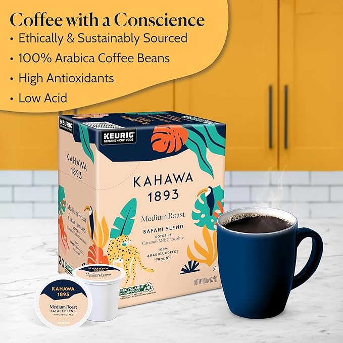 Kahawa 1893 Medium Roast Coffee K-Cup Pods Safari Blend (20 Count) - As Seen on Shark Tank, High