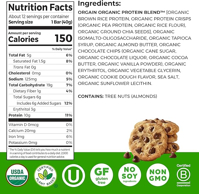 Orgain Organic Vegan Protein Bars, Chocolate Chip Cookie Dough - 10g Plant Based Protein, Low