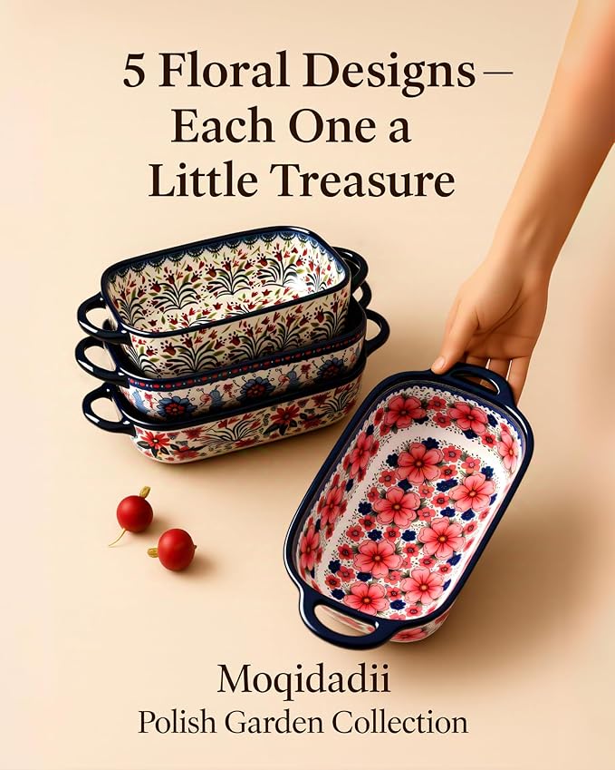 Ceramic Baking Dish Set of 2 ??Decorative Polish Pottery Style Casserole Dishes with Handles, Cute