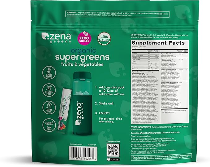 Zena Nutrition Organic Super Greens Powder, 70+ Superfoods, 0 Sugar, 5G Fiber, Spirulina