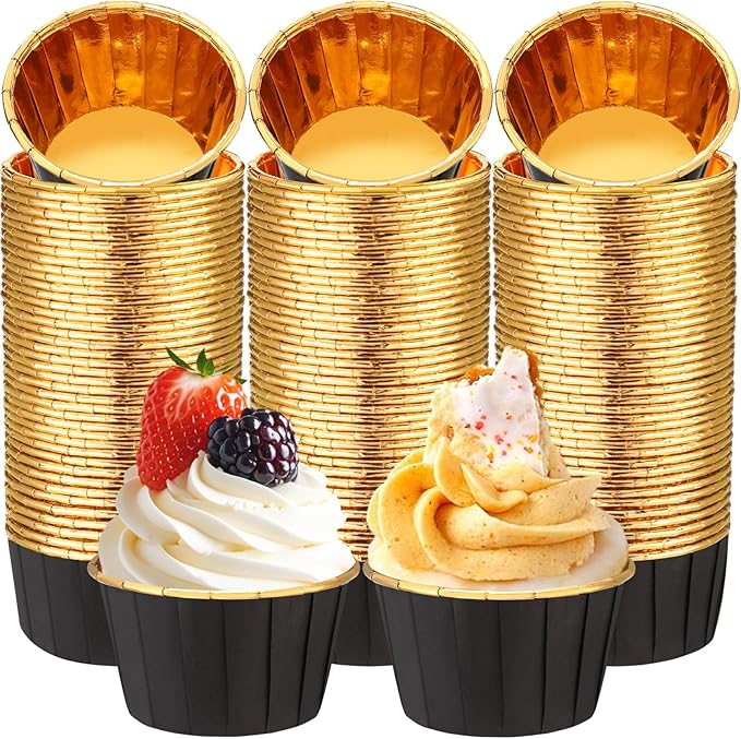 300 Pack Black Gold Cupcake Liners Bulk Disposable Foil Muffin Cups 3.5 oz Wrappers for Baking