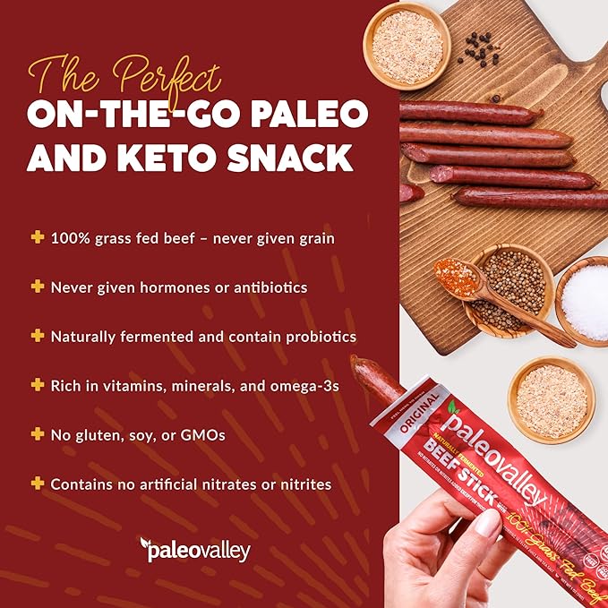 Paleovalley 100% Grass Fed Original Beef Sticks - Delicious Gluten Free Beef Snack - High Protein