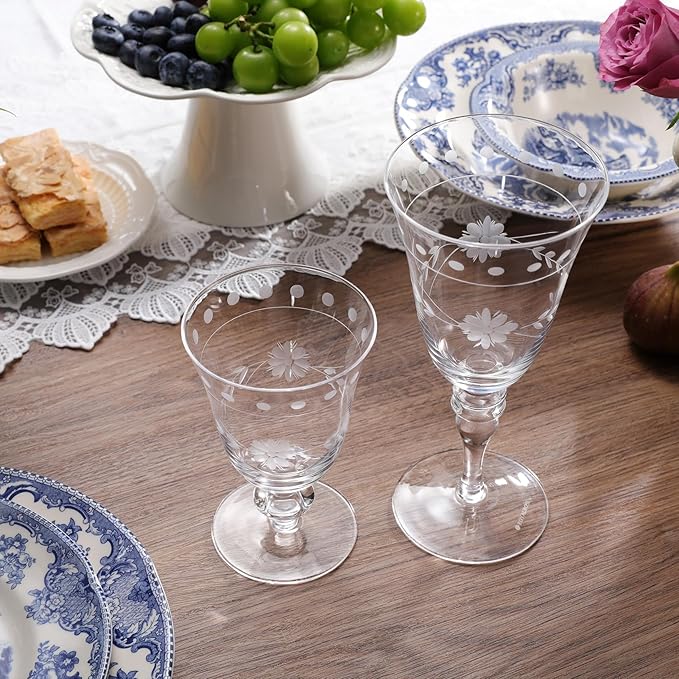 Premium Delight Vintage Wine Glasses Set of 4, 10 oz – Hand-Blown with Etched Stem, Classic