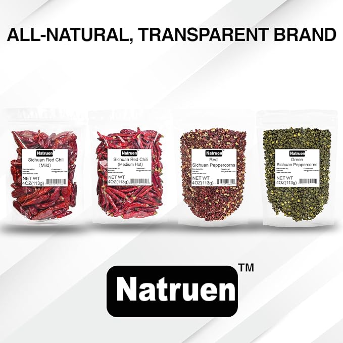 Natruen Whole Dry Szechuan Chinese Red Chili Pods 4 Oz (Medium Hot), Spicy Sichuan Dried Red Hot