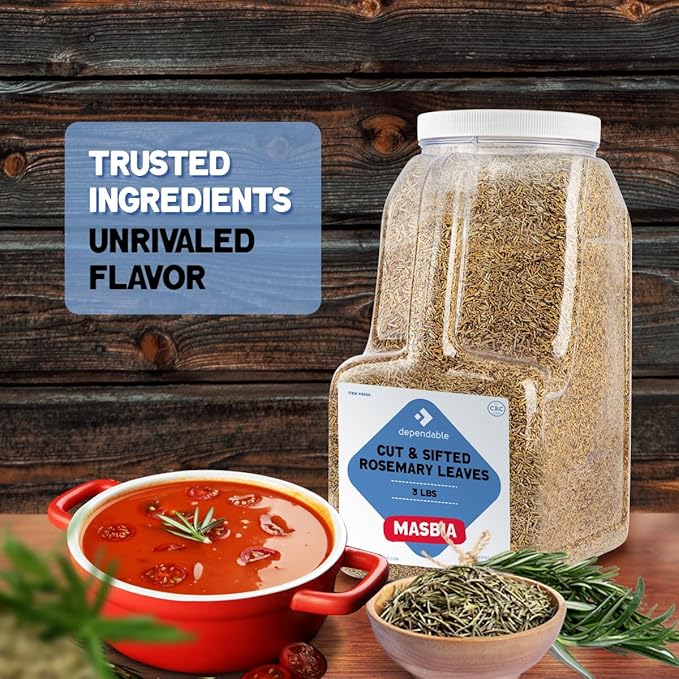 Dependable Food Rosemary Leaves Cut & Sifted - 3 Lb. Jar - Bulk, Kosher, Rosemary Herb for Chefs