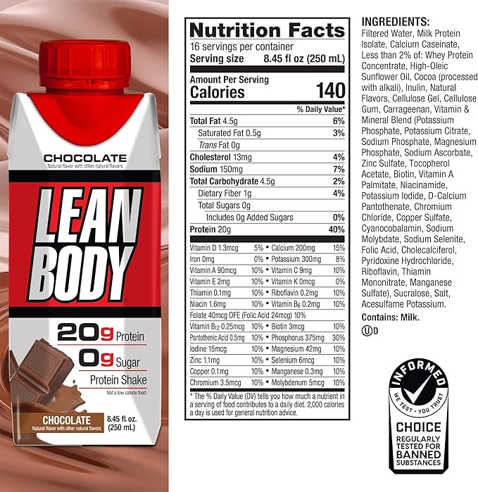 Labrada Lean Body Ready-to-Drink Chocolate Shake, 20g Protein, Whey Blend, 0 Sugar, Gluten Free, 22