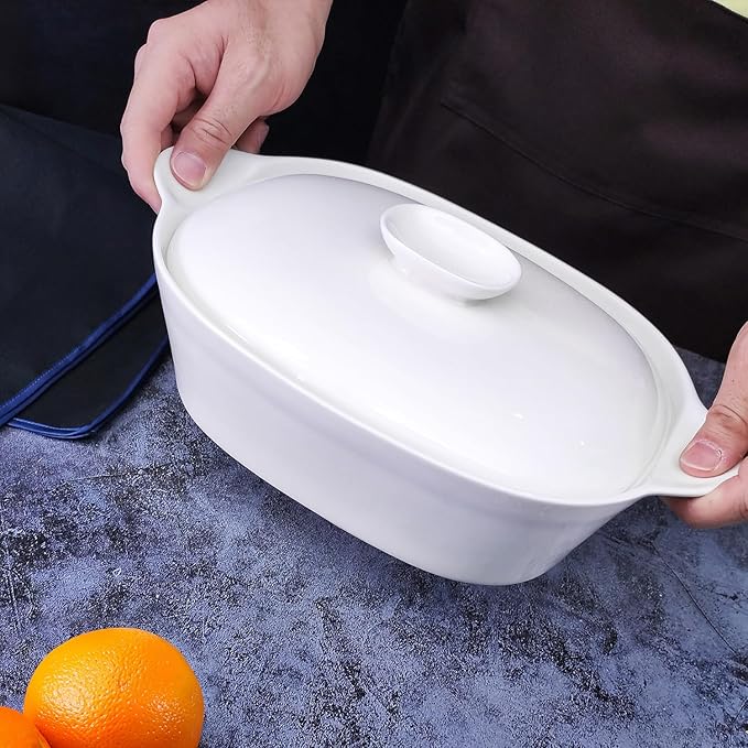 Casserole Dish with Lids, 2 Quart French White Ceramic Tureens, 12.8" x 7.9" Baking Dish, Serving
