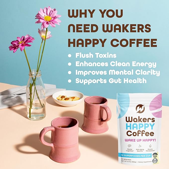 Wakers HAPPY Coffee supports energy, focus, anti-aging, and metabolism. Made in the USA with
