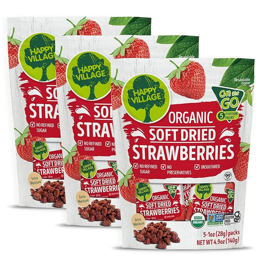 Happy Village Organic Soft Dried Strawberries On the Go – 3 Bags (15 Individual Portion Packs) |