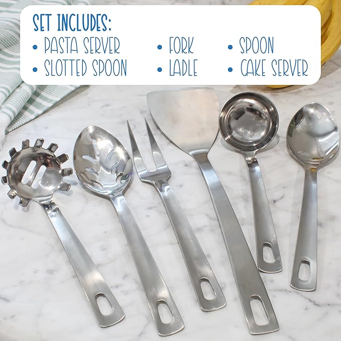 Darware Complete Serving Set (6-Piece, Silver); w/Pasta Server, Fork, Slotted Spoon, Ladle, &