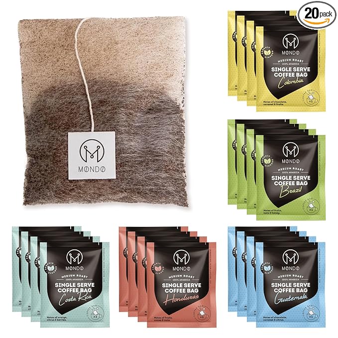 Mondo Single Serve Coffee Bags (20 Cups) Variety Pack - Organic, Medium Roast - Disposable