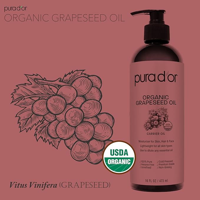 PURA D'OR 16 Oz Organic Grapeseed Oil - 100% Pure & Natural USDA Certified Cold Pressed Carrier Oil