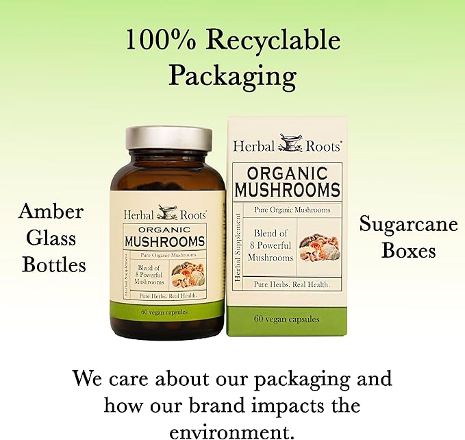 Herbal Roots Organic 8 Mushroom Blend Supplement Capsules - 100% Fruiting Body Extracts - Wellness