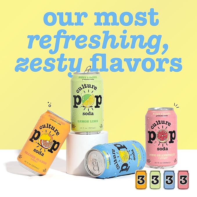 Culture Pop Soda, Zesty & Tarty Variety Pack, Probiotic Low Sugar Soda, Sparkling Juice