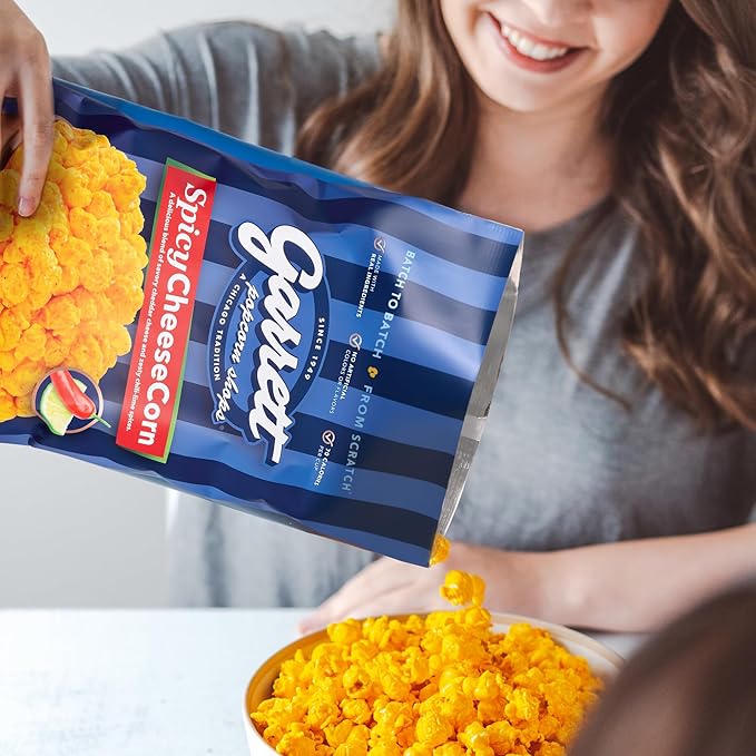 Garrett Popcorn Spicy CheeseCorn, 5.0oz, 4 Bags, Spicy Cheddar Popcorn, Gluten Free, Bold Snack
