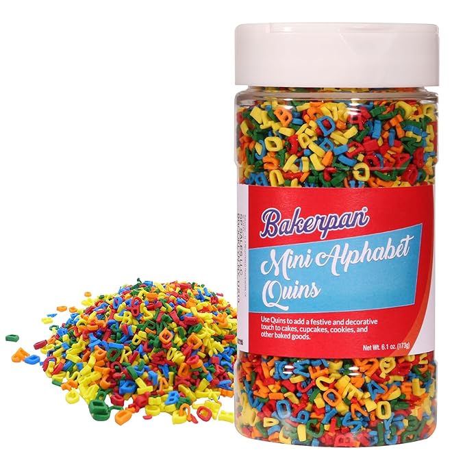 Bakerpan Quins Alphabet Sprinkles for Cake Decorating - 6.1 Ounces - ABC Edible Confetti Sprinkles