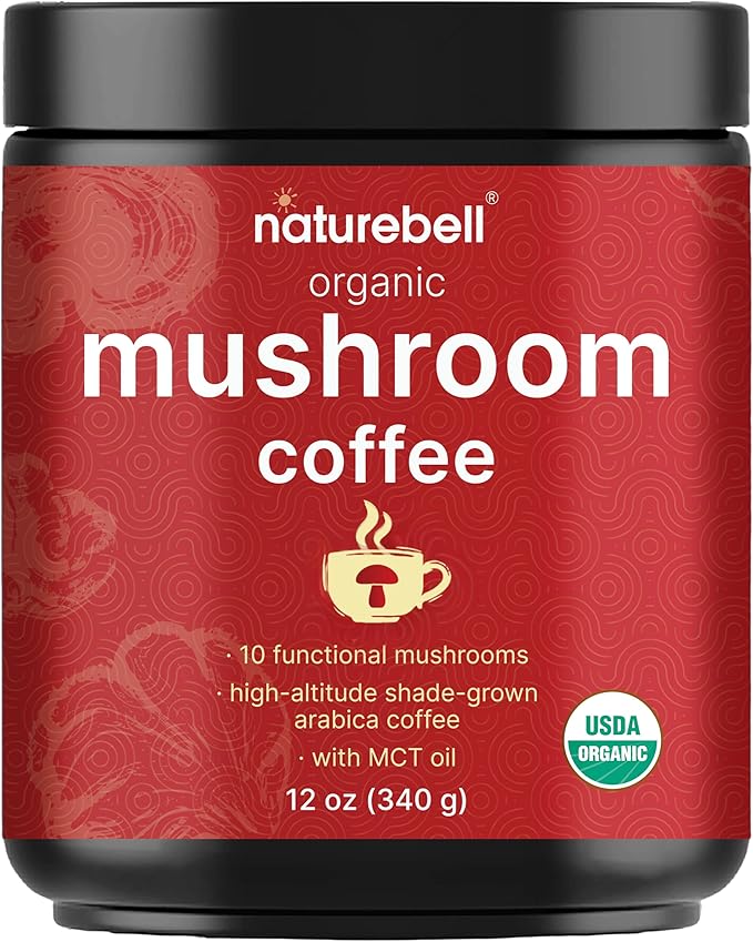 NatureBell Organic Mushroom Coffee with MCT Oil, 12oz (85 Servings) | 10-in-1 Adaptogenic Blend