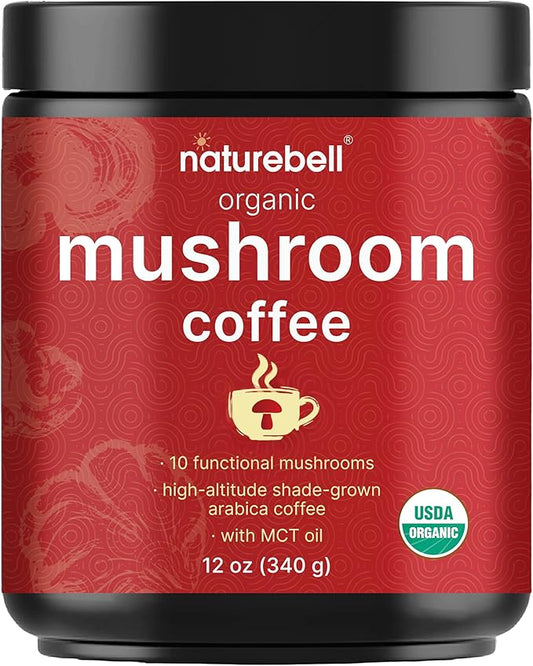 NatureBell Organic Mushroom Coffee with MCT Oil, 12oz (85 Servings) | 10-in-1 Adaptogenic Blend