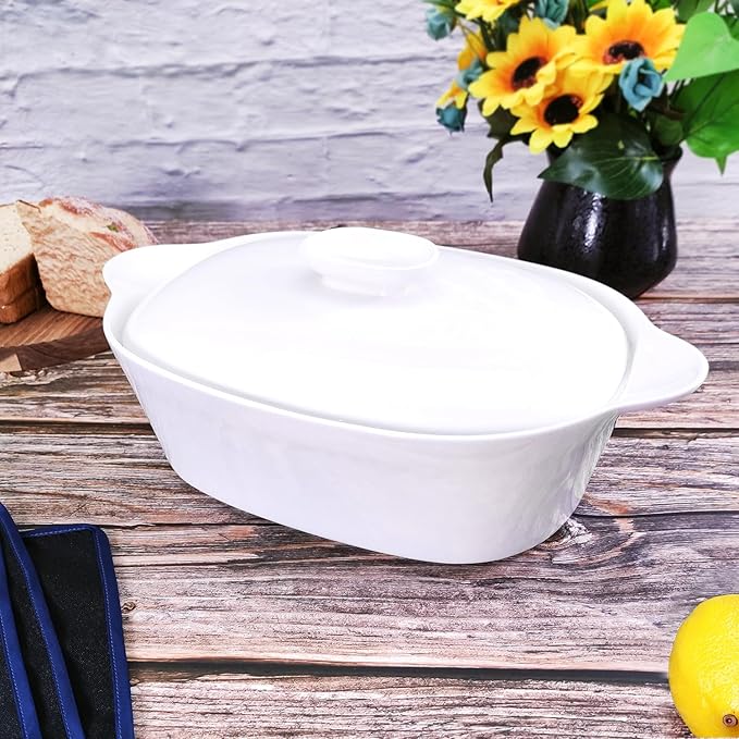 Casserole Dish with Lids, 2 Quart French White Ceramic Tureens, 12.8" x 7.9" Baking Dish, Serving