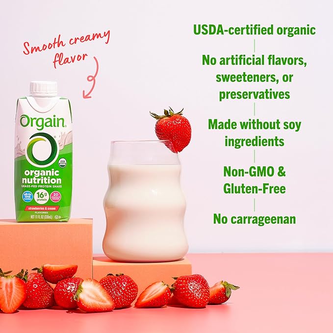 Orgain Organic Nutritional Shake, Strawberries & Cream - Meal Replacement, 16g Protein, 21 Vitamins