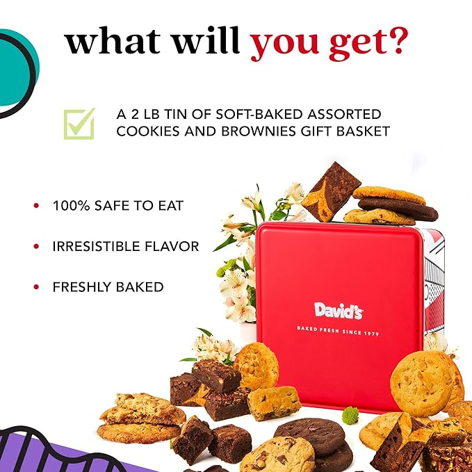 David?™s Cookies Gourmet Assorted Cookies and Brownies Gift Basket - 12 x 1.5oz fresh baked cookies