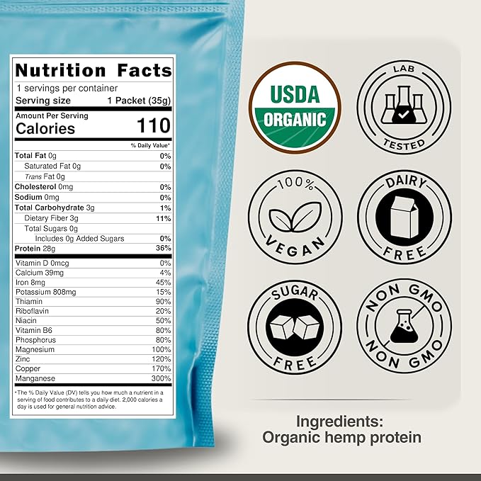 Organic Hemp Protein Powder, Plant Based and Vegan Protein Shake, Lactose and Dairy Free, Gluten
