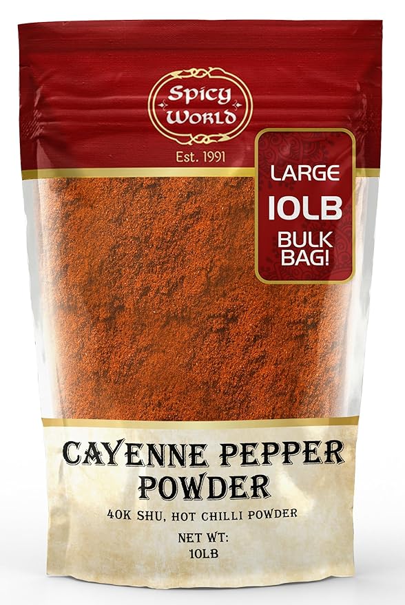 Spicy World Cayenne Pepper Powder Ground Chili Pepper 10 Pound Bulk Bag - 40K SHU, Hot Chilli Powder