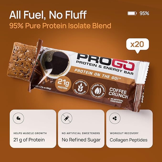ProGo Protein Bars, Low Sugar, High Protein Snacks (21g) - 95% Pure Isolate for Faster Muscle