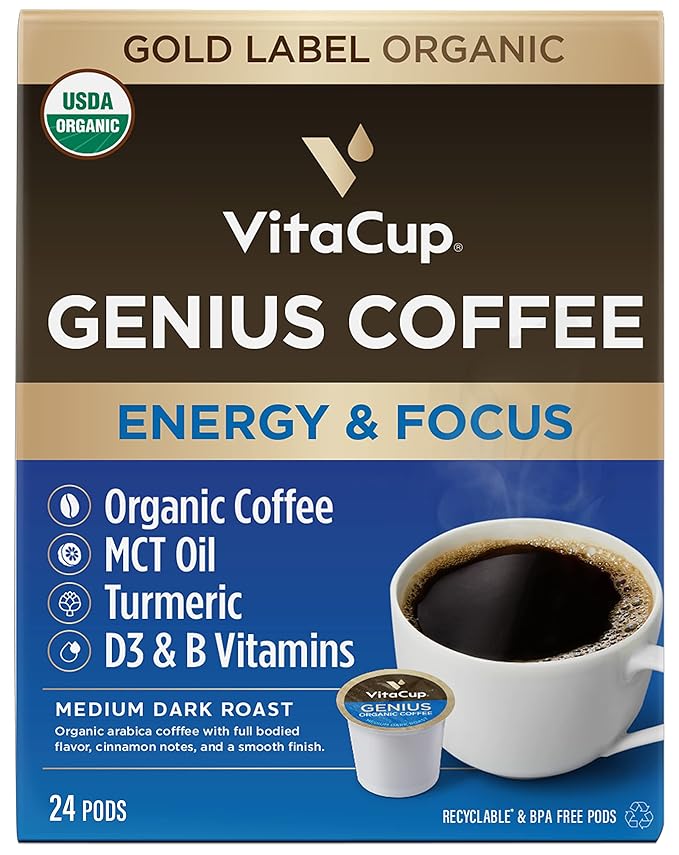 VitaCup Organic Genius Keto Coffee Pods, Increase Energy & Focus w/MCT Oil, Turmeric, B Vitamins