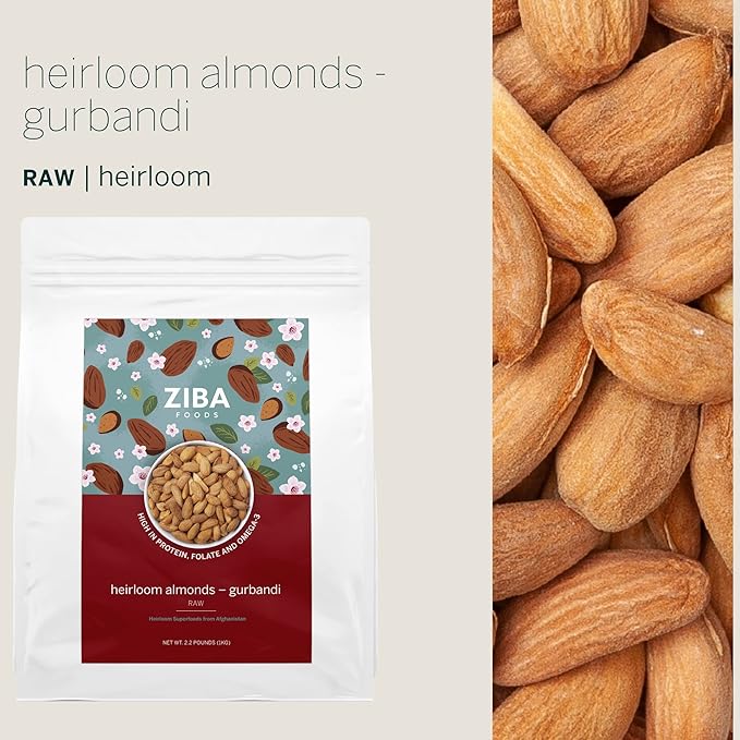Ziba Foods Heirloom Gurbandi Raw Almonds | Non-GMO, Vegan, Whole 30 Friendly, Keto & Paleo |