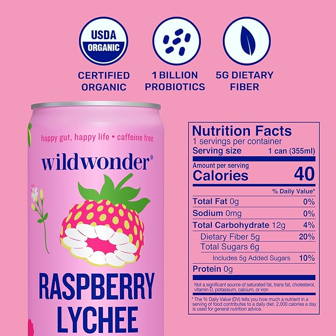 NEW! wildwonder Sparkling Probiotic Drink 12pk, For Gut Health & Immune Support, Raspberry Lychee