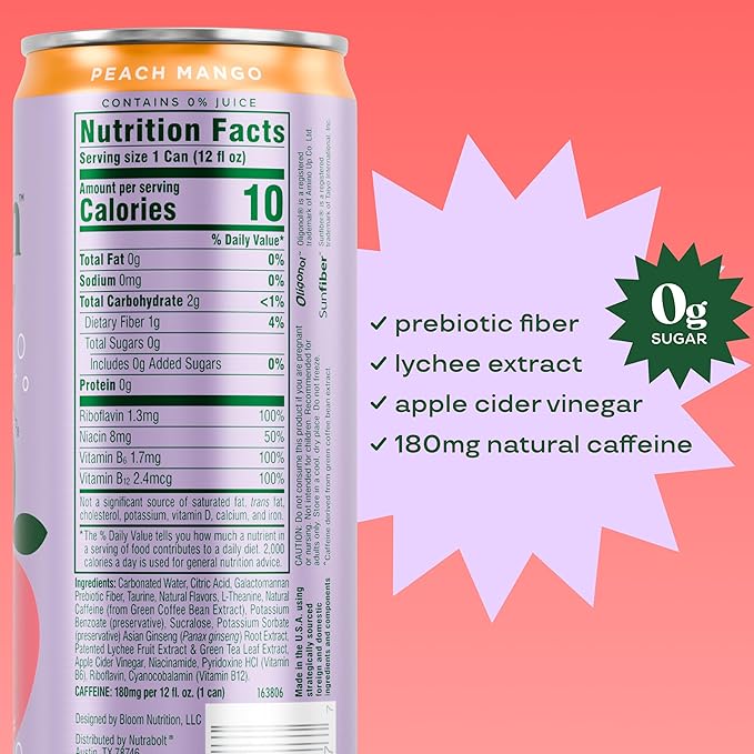Bloom Nutrition Sparkling Energy Drink - Natural Caffeine, Zero Sugar, 180mg Caffeine