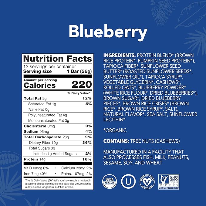 ALOHA Organic Plant Based Protein Bars - Blueberry Bars, Vegan, Low Sugar, Gluten-Free, Low Carb