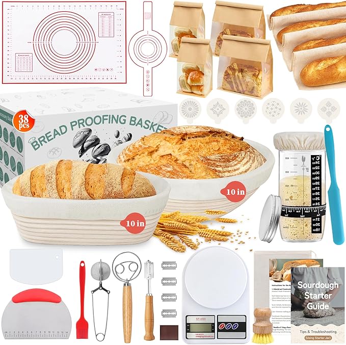 Aliggbent 38Pcs Sourdough Bread Baking Supplies, 10'' Round & Oval Banneton Bread Proofing Baskets