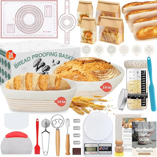 Aliggbent 38Pcs Sourdough Bread Baking Supplies, 10'' Round & Oval Banneton Bread Proofing Baskets